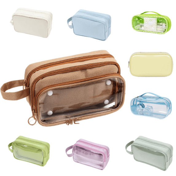 Pencil Case Large Capacity, Clear 3 Compartment Pencil Pouch with Zipper, Big Pen Organizer for Supplies, Travel Makeup Bag for Teens Adults - (Coffee)