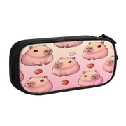 Pencil Case Large Capacity Double Layer Stationery Organizer Compact Travel Makeup Bag With Smooth Zippers Black Pusheen Capybara Pattern 2