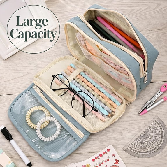 Pencil Case, Large Capacity Pencil Case Organizer, Spacious Opening Multi-Compartment Zipper Pen Pouch with Mesh Pockets,Pencil Pouch for Stationery Storage Makeup Bag Office Supplies, Blue