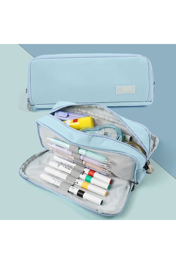 Pencil Case Organizer | Large Capacity Oxford Cloth Bag | Multi Compartment | Zipper Closure | Durable Easy Clean | Makeup Brush & Tool Storage | 23x8.5x9cm | 1 Piece | Black Navy Blue Pink