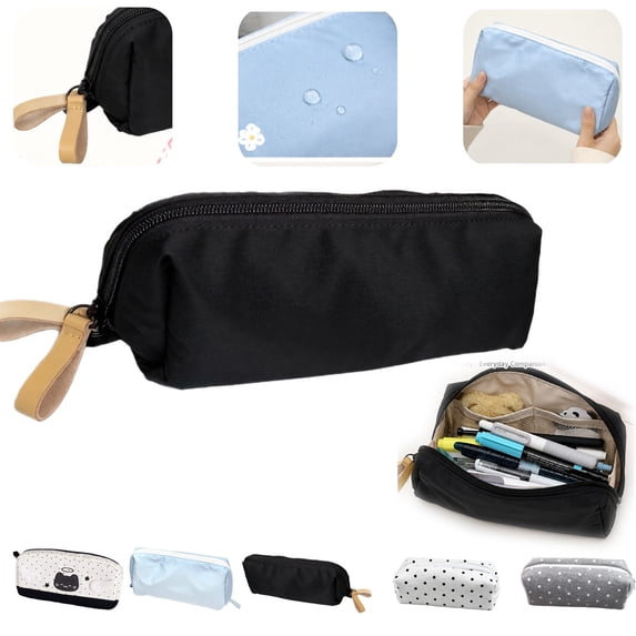 Pencil Case Pouch Portable Zipper Closure Stationery Organizer with Large Opening Handle Back to School Office Travel Use Durable Polyester Fabric Pencil Bag,Black