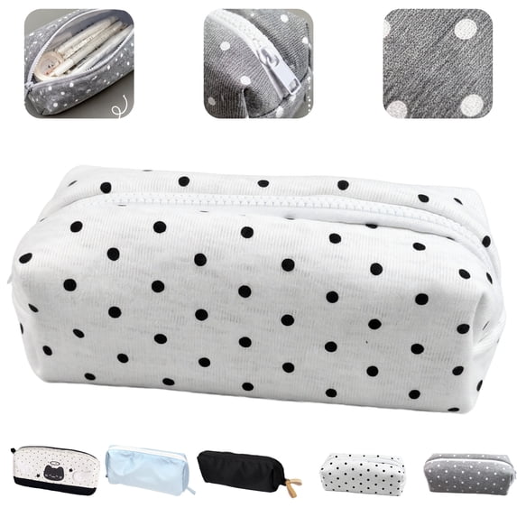 Pencil Case Pouch pencil bag Polka Dot Black White Leather Zipper Stationery Organizer with Secure Closure for Pens Makeup Cosmetics School Office College Work,White