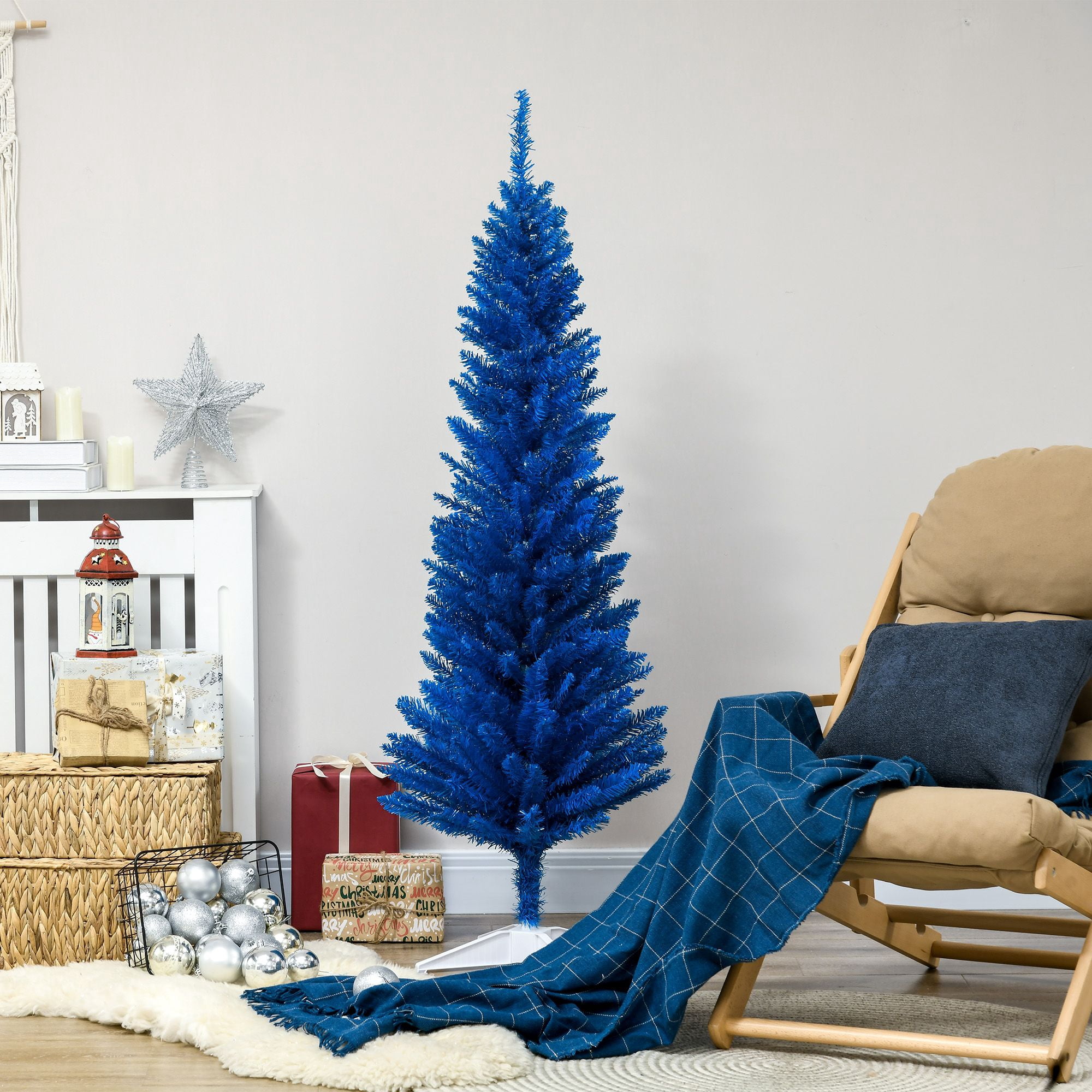 Pencil Christmas Tree, 5 ft Artificial Holiday Tree with 294 Branch Tips and Plastic Stand, Slim Space-Saving Design for Small Rooms and Apartments