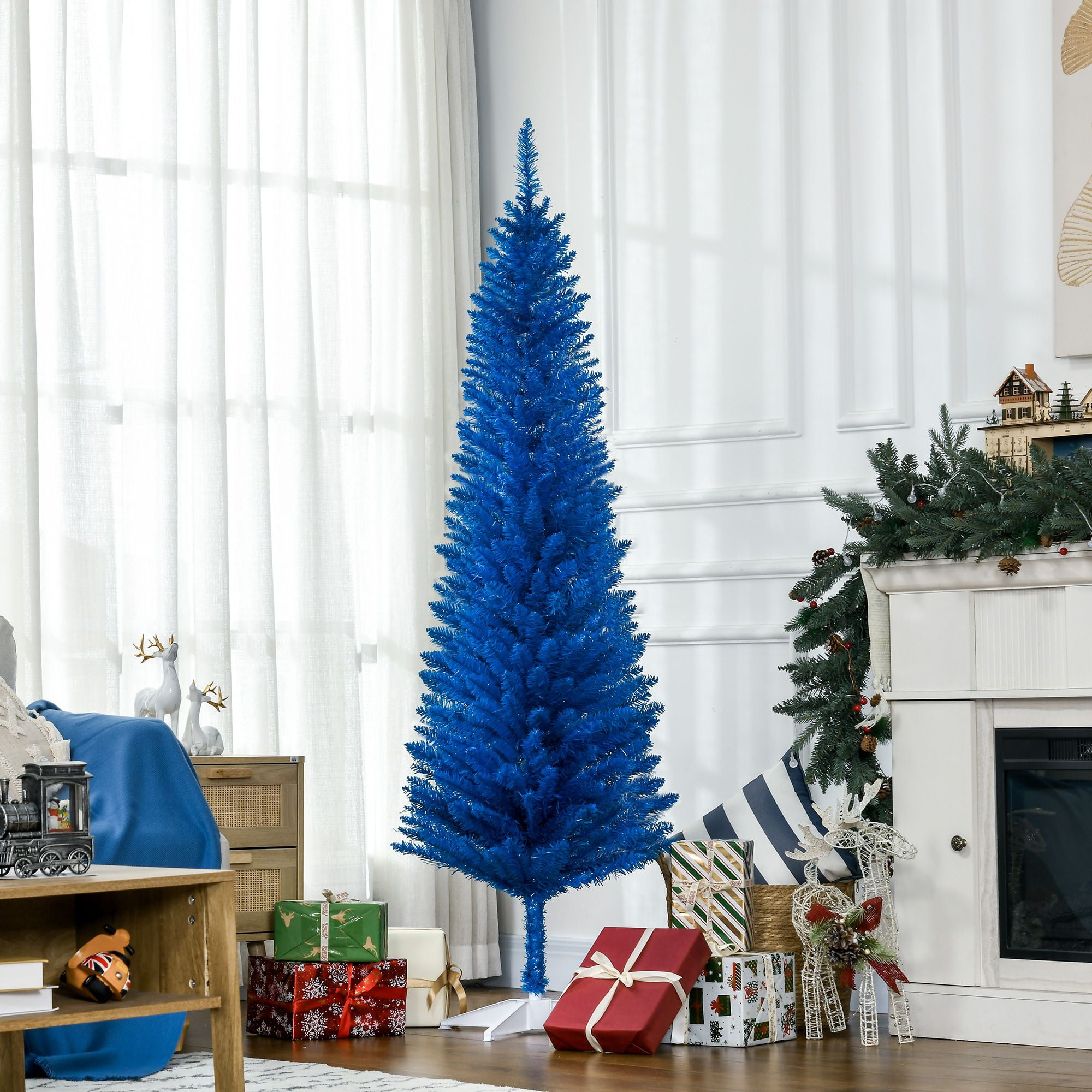 Pencil Christmas Tree, 6 ft Artificial Holiday Tree with 390 Branch Tips and Plastic Stand, Slim Space-Saving Design for Small Rooms and Apartments