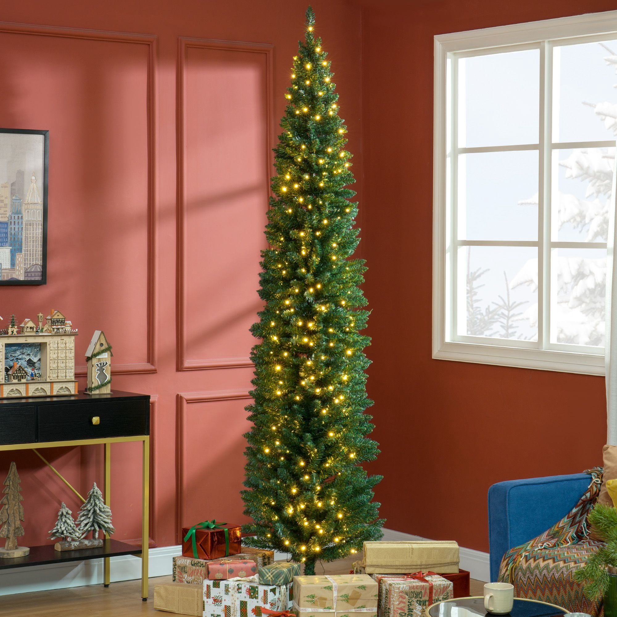 Pencil Christmas Tree, 8 ft Slim Artificial Tree with Warm White LED Lights, 618 Tips, 300 Lights, 21.75 in Diameter, for Small Rooms and Indoor Holiday Decor