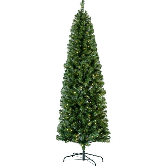 Pencil Christmas Tree Prelit, Partially Flocked & Frosted Skinny Xmas Tree with PVC Branch Tips, Lights, Foldable Stand, Full and Realistic Appearance for Christmas Decor