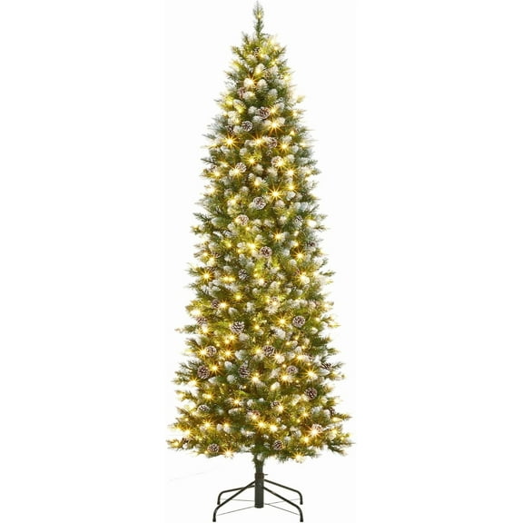 Pencil Christmas Tree with Pine Cones, Pre-Lit Slim Christmas Tree with Warm White & Multicolor LED Lights, Metal Stand for Home & Office, 7.5 FT