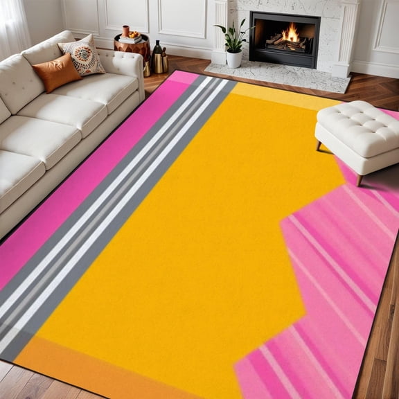 Pencil Classroom Area Rug, Yellow School Pattern Carpet, Washable Non Slip Low Pile Soft Thin, Classroom Playroom Bedroom Office Home Decor Mat 5x8ft