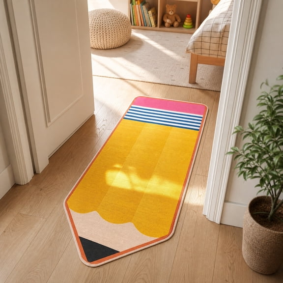 Pencil Classroom Rug Pastel Pencil Shaped Class Doormat Teachers Back to School 14'' x 30'' Fun Soft Faux Non Slip Floormat for Welcome Elementary Kindergarten Room Indoor Outdoor Decor