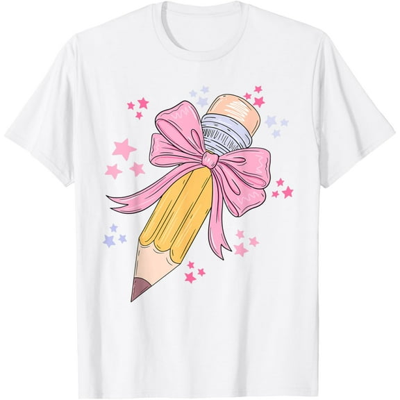 Pencil Coquette Bow Pink Back To School Teachers Girls Kids T-Shirt
