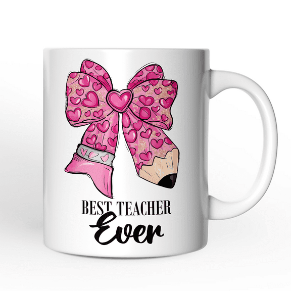 Pencil Coquette Teacher Bow Personalized Mug, Cute Appreciation Present, Back To School Gift With Custom Name