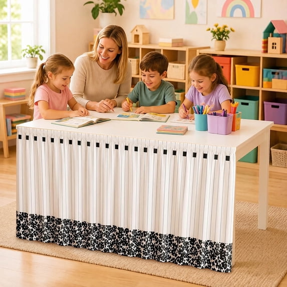 Pencil Desk Skirt 9 Ft x 29 in Classroom Table Skirt, Colorful Ruffled Back to School Tablecover for Preschool Elementary, Teacher Desk Skirt for Kindergarten Office Bookshelf