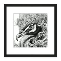 Pencil Drawing Peacock Portrait Study Black White Square Wooden Framed Wall Art Print Picture 8X8 Inch