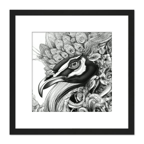 Pencil Drawing Peacock Portrait Study Black White Square Wooden Framed Wall Art Print Picture 8X8 Inch