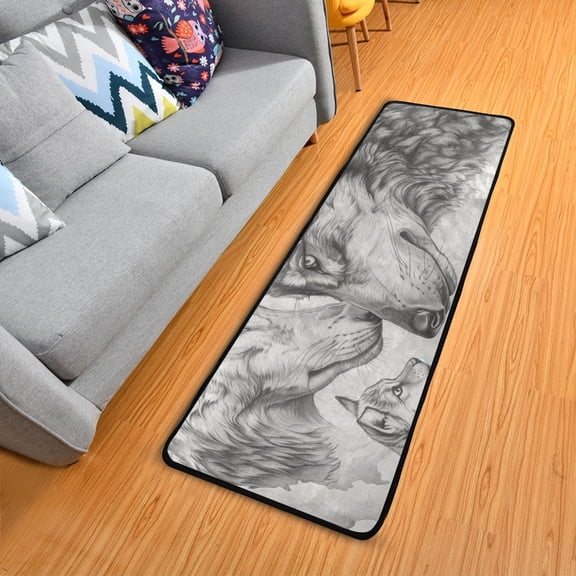 Pencil Drawing Wolves Hallway Runner Rug 2'X6' Non-Slip Washable Carpet Runner Kitchen Entryway Laundry Bedroom