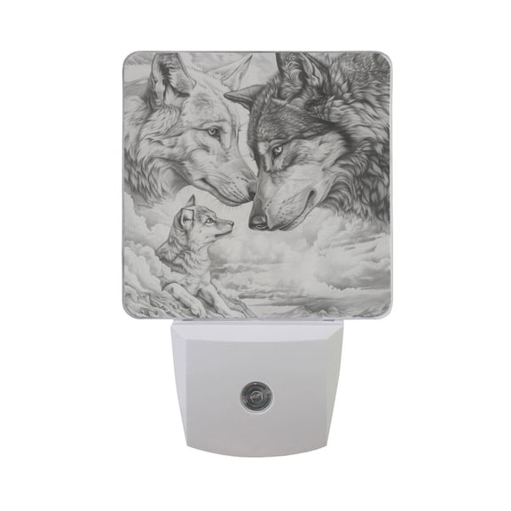 Pencil Drawing Wolves Night Light 2 Pack LED Nightlight Plug into Wall Dusk to Dawn Sensor Soft White