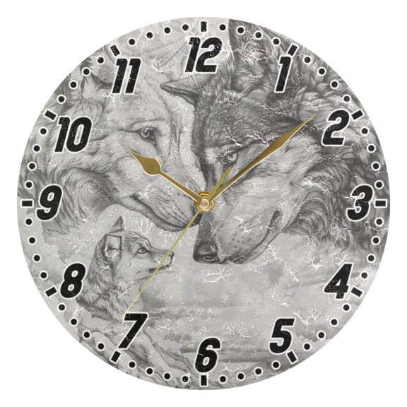 Pencil Drawing Wolves Round Wall Clock Battery Operated Silent Non-Ticking Bedroom Office Kitchen Home School Decor 10"(Gold)