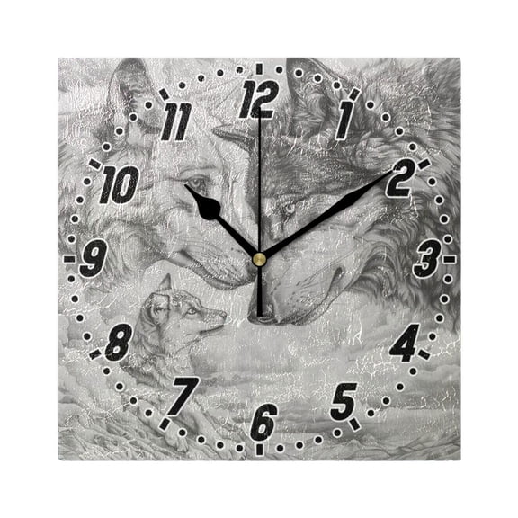 Pencil Drawing Wolves Wall Clock Battery Operated Silent Non-Ticking Bedroom Office Kitchen Home School Decor 7.8"(Black)