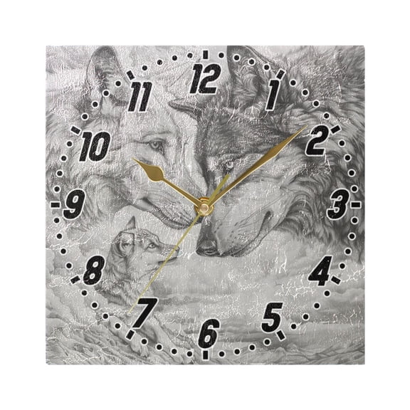 Pencil Drawing Wolves Wall Clock Battery Operated Silent Non-Ticking Bedroom Office Kitchen Home School Decor 7.8"(Gold)