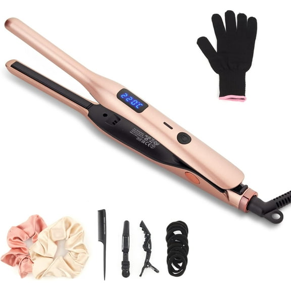 Pencil Flat Iron for Short Hair, Pro Straightener and Curler 2 in 1 Ceramic Mini Small Flat Iron for Short Hair, Beards & Pixies, 3/10Inch Straightener Iron for Men's Quick Grooming Gift - Rose Glod