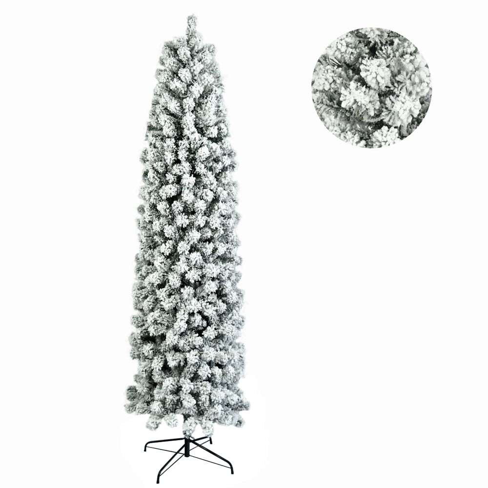 Pencil Flocked Christmas Tree, 7.5ft Slim Prelit Artificial Christmas