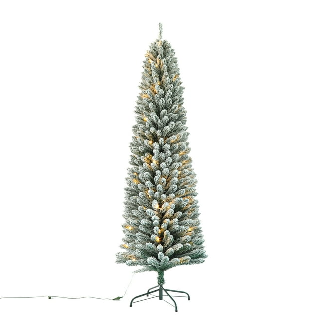 Pencil Flocked Christmas Tree with Lights, 7ft Slim Prelit Artificial