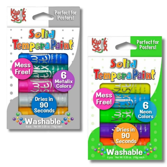 Kwik Stix Paint Sticks Bundle- 12 Neon & Metallic Colors (1 Neon 6pk + 1 Metallic 6pk), Washable, Quick-Dry, Non-Toxic, Allergen-Free Solid Tempera Paint for Kids & Toddlers