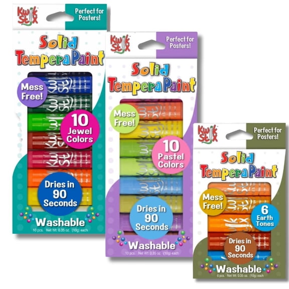 Kwik Stix Solid Tempera Paint Sticks Bundle, 26 Count (2 Packs of 10 + 1 Pack of 6), Jewel, Pastel & Earth Tone Colors, Washable, Quick-Drying, Non-Toxic