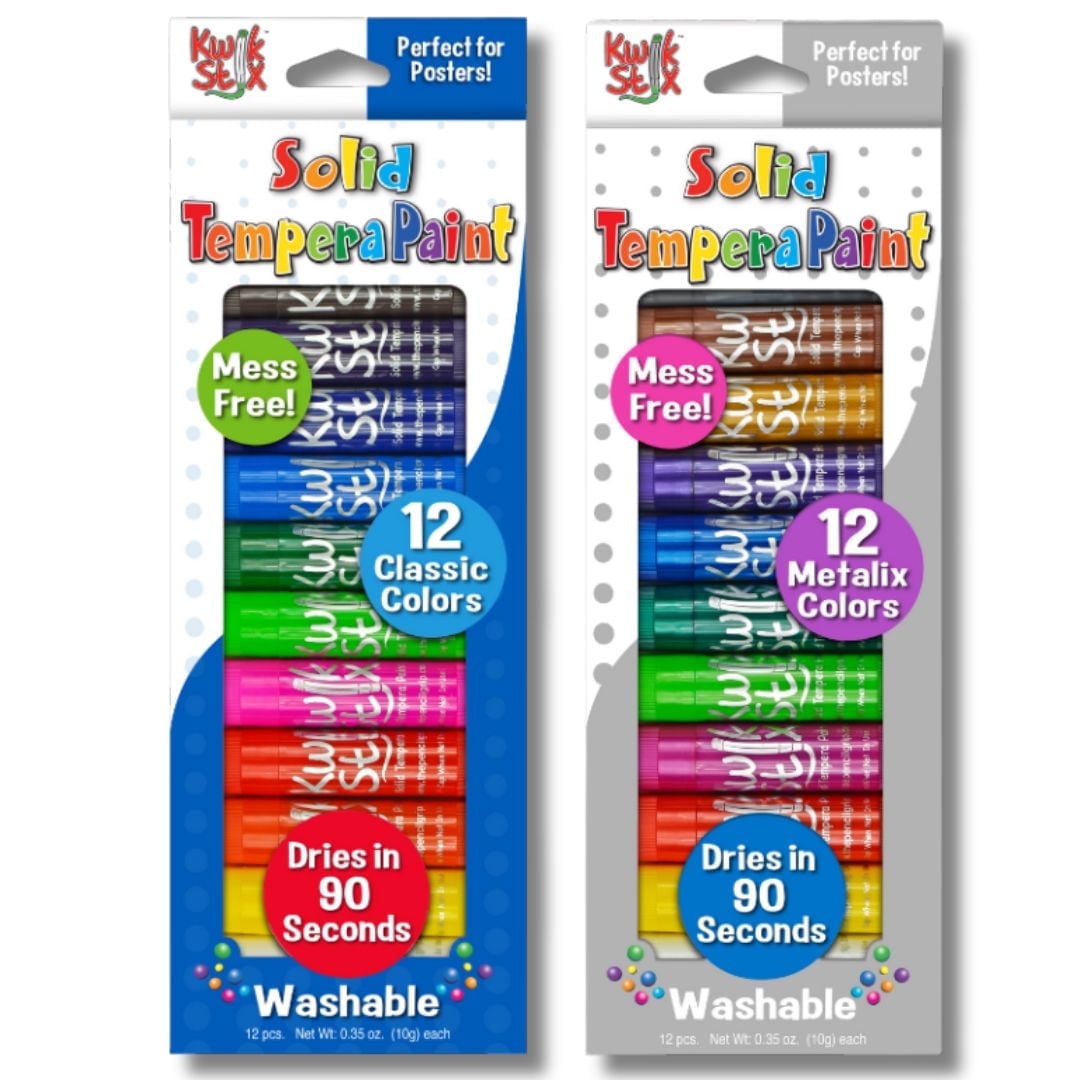 Kwik Stix Solid Tempera Paint Sticks Bundle, 24 Count (2 Packs of 12), Classic & Metallic Colors, Washable, Quick-Drying, Non-Toxic