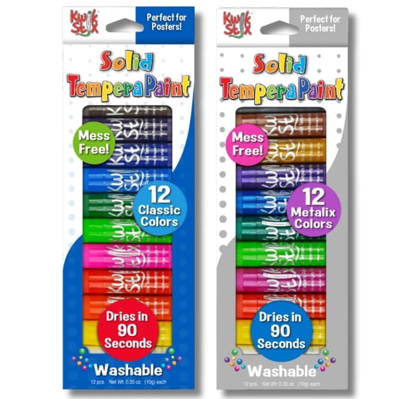 Kwik Stix Solid Tempera Paint Sticks Bundle, 24 Count (2 Packs of 12), Classic & Metallic Colors, Washable, Quick-Drying, Non-Toxic