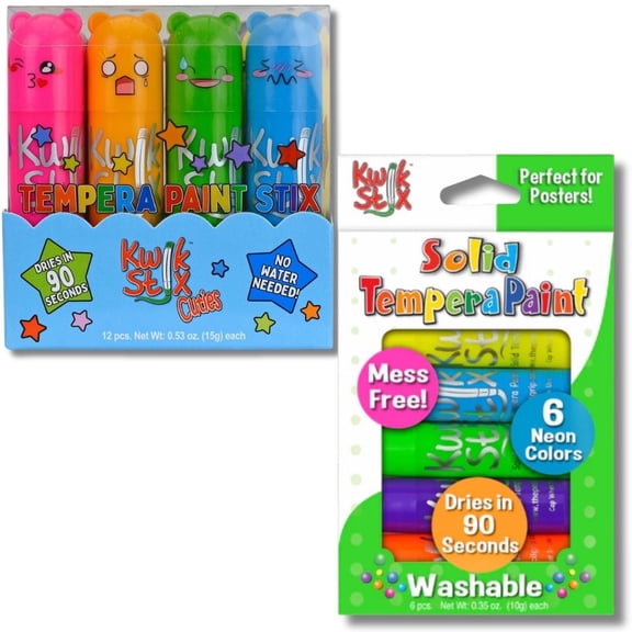 Kwik Stix Solid Tempera Paint Sticks Bundle, 18 Count (1 Pack of 12 & 1 Pack of 6), Cuties & Neon Colors, Washable, Quick-Drying, Non-Toxic