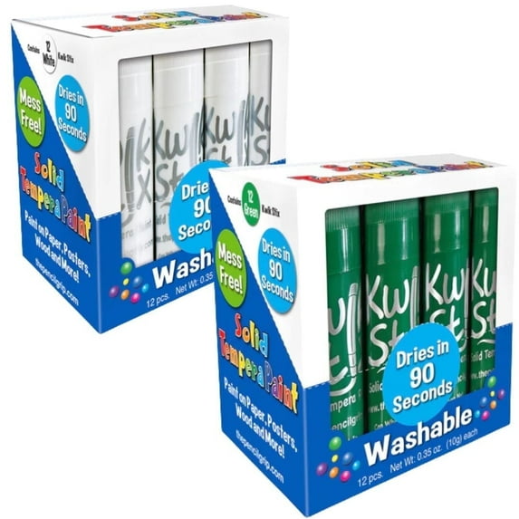 Kwik Stix Solid Tempera Paint Sticks Bundle, 24 Count (2 Packs of 12), Green & White School Colors, Washable, Quick-Drying, Non-Toxic