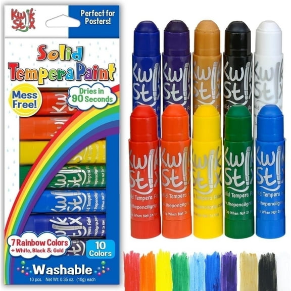 Kwik Stix Solid Tempera Paint Sticks, 10 Count, Rainbow Colors, Washable, Quick-Drying, Non-Toxic