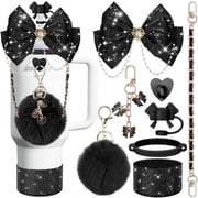 AGCAN Black Stanley Cup Accessories Set, 8Pcs Decorations for Stanley, Includes Water Bottle Handle Strap, Heart Charms, Straw Cover and All Stanley Essentials 