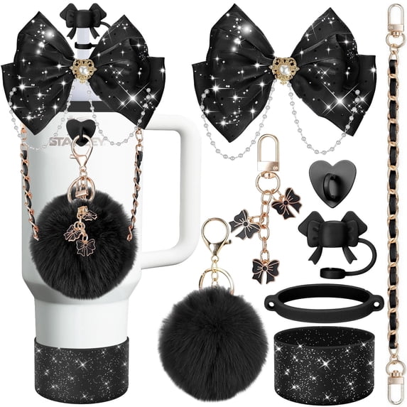 AGCAN Black Stanley Cup Accessories Set, 8Pcs Decorations for Stanley, Includes Water Bottle Handle Strap, Heart Charms, Straw Cover and All Stanley Essentials for 40oz & 30oz Tumbler