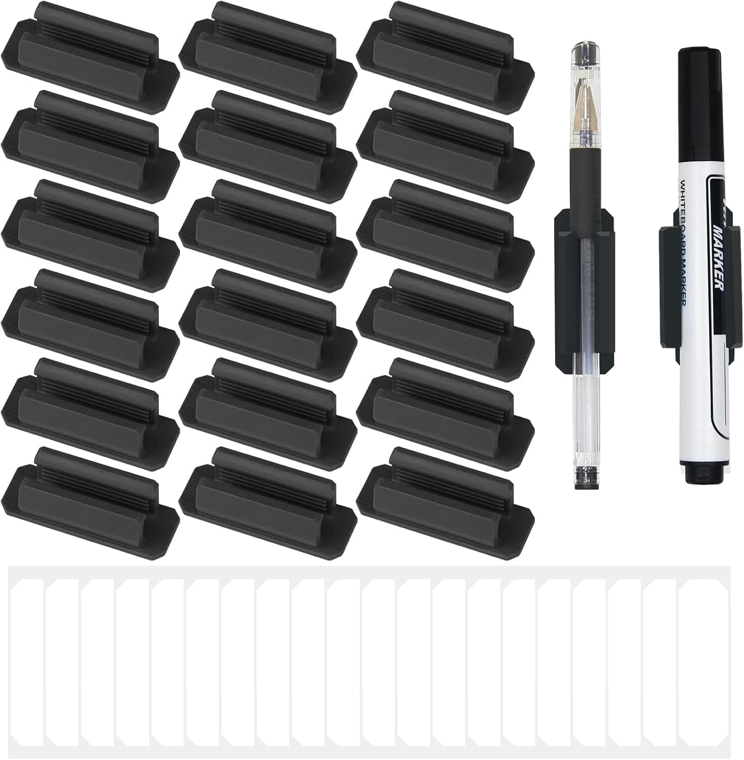 Pencil Holder for Desk Set of 20, Adhesive Pen with 20 Extra Upgraded Stickers, Silicone Holders & Marker Clip Walls, Clipboards, Classroom, Office, Teacher Accessories Supplies (Black)