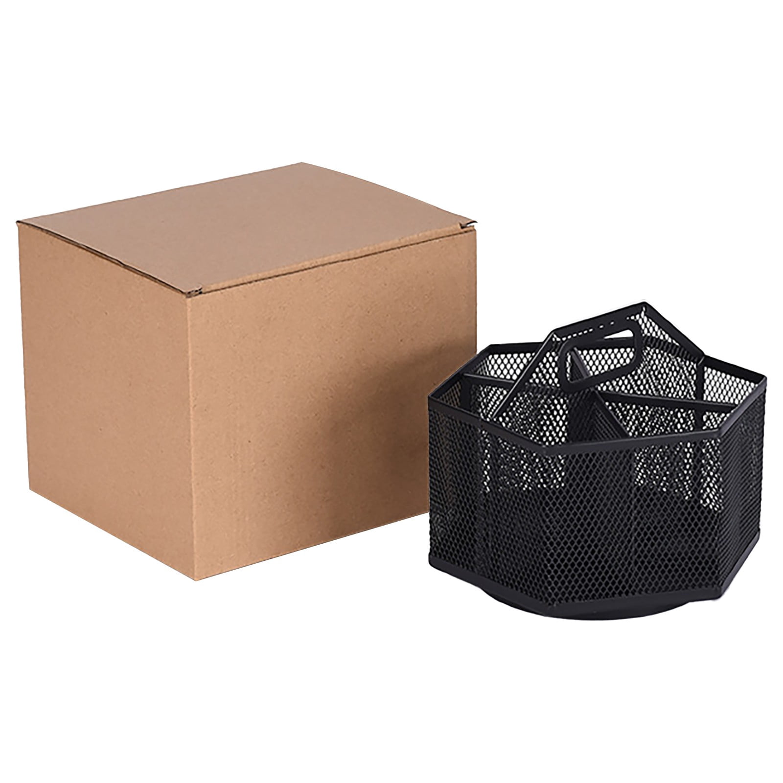 Pencil Holder with Handle, Rotating Desk Organizer, Mesh Desk Organizer Rotate with 6 Compartments – Metal Pen Organizer, Office Desk Accessories, 1 Pcs, 7.09x5.51"(Black)
