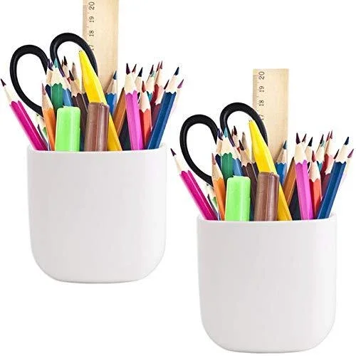 Pencil Holder - Self-Adhesive Wall Mount Pen Cup,Marker Pot,Writing Utensil Storage Organizer for Fridge,Locker,Whiteboard,home and office - White - 2Pcs/Set