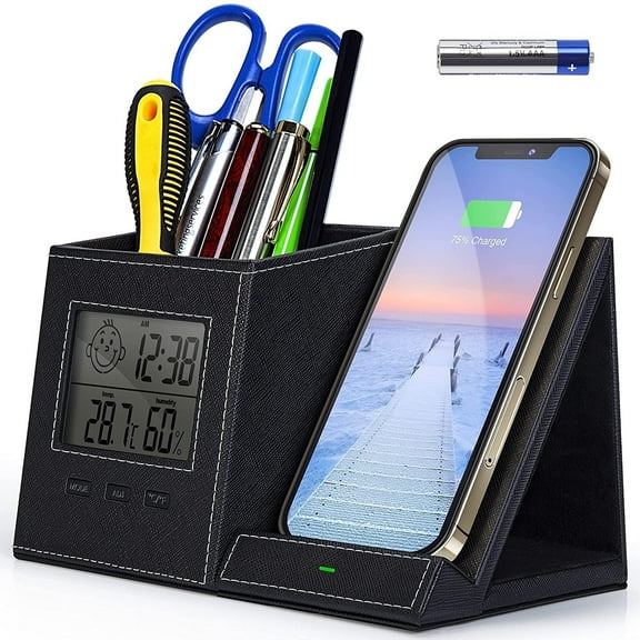 Miroddi Desk Organizer with Wireless Charging for iPhone, PU Leather with Pencil Holder for Desk & Nightstand, 1 Pack