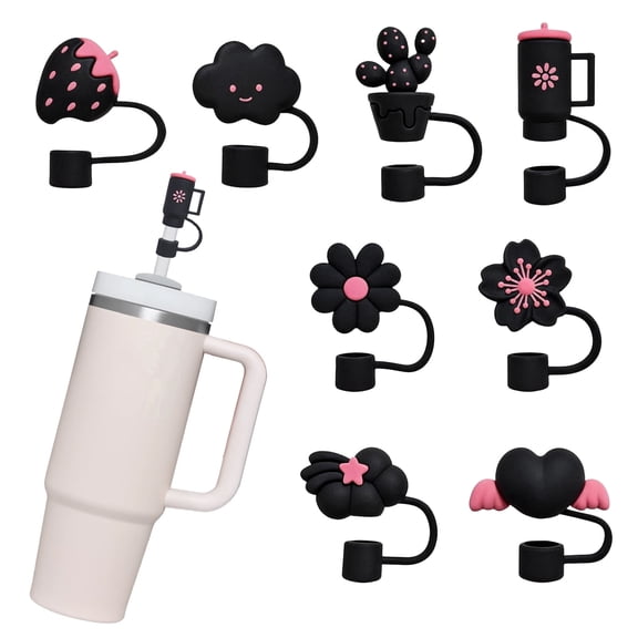AGCAN Straw Cover for Stanley Cup, 8Pcs Dust-Proof Silicone Straw Topper Compatible with Stanley 30oz & 40oz Tumblers, Reusable Straw Caps for Tumblers, Black, Pink