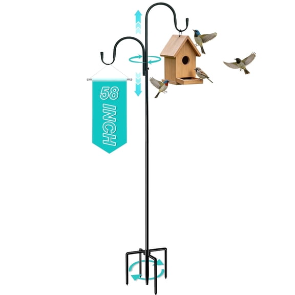 AGCAN Double Shepherds Hook for Outdoor, Heavy Duty Bird Feeder Pole with 5-Prong Base, Adjustable 94 Inch Garden Hook for Hanging Plant Baskets, Solar Light Lanterns, Wind Chimes