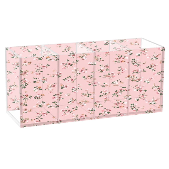 Springtime Cherry Blossoms Clear Acrylic Pen Holder with 4 Compartments, Desktop Storage Organizer for Stationery, Makeup Brushes and Small Supplies
