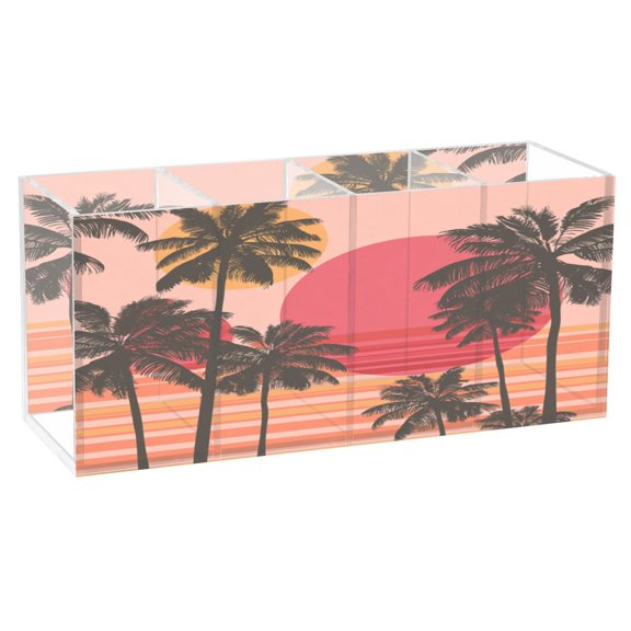Sunset and Coconut Trees Clear Acrylic Pen Holder with 4 Compartments, Desktop Storage Organizer for Stationery, Makeup Brushes and Small Supplies