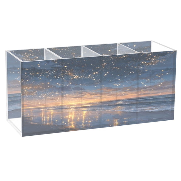 Sunset Sea Clear Acrylic Pen Holder with 4 Compartments, Desktop Storage Organizer for Stationery, Makeup Brushes and Small Supplies