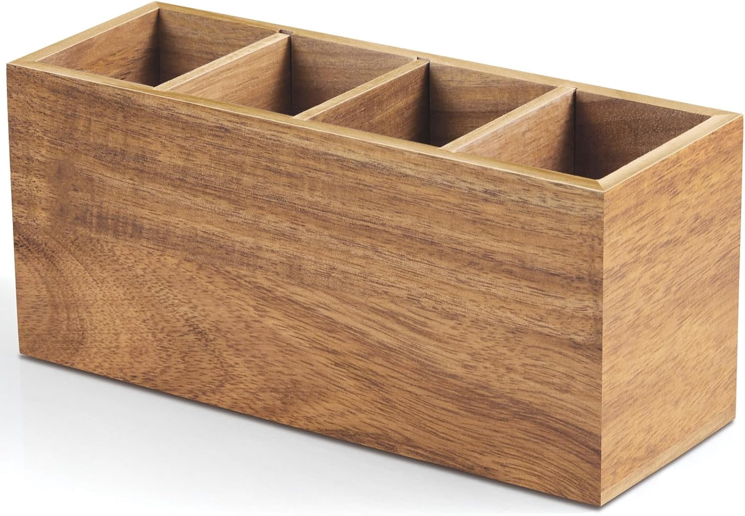 Pencil Pen Holder for Desk, Acacia Wood Office Desk Organizers and Accessories with 4 Slots Countertop, Makeup Brush Organizer Bathroom Vanity, Silverware Caddy Party