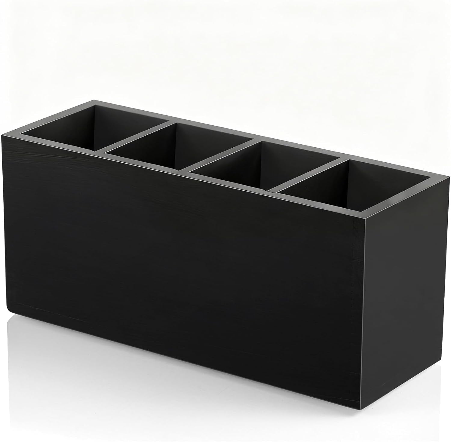 Pencil Pen Holder for Desk, Wooden Office Desk Organizers and Accessories with 4 Slots for Countertop, Makeup Brush Holder Organizer for Bathroom Vanity, Silverware Caddy for Party, Black