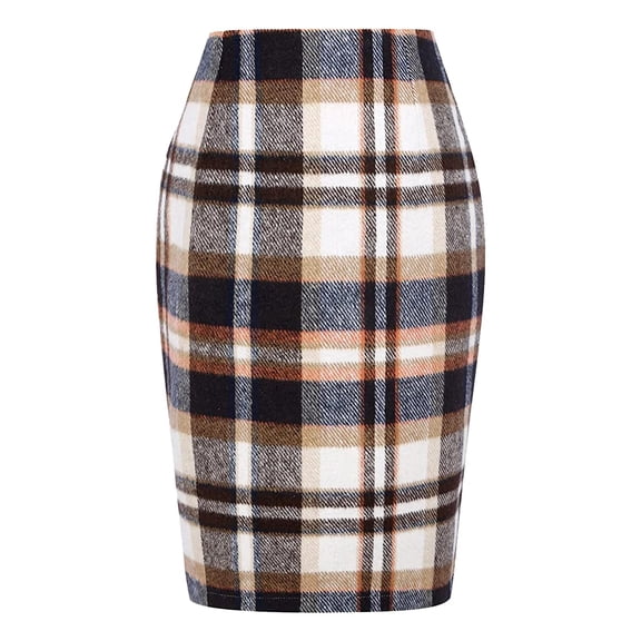 Pencil Plaid Skirts For Women Fall Winter High Waist Bodycon Knee Length Wool Midi Skirt With Slit Club Basic Leisure Dailywear