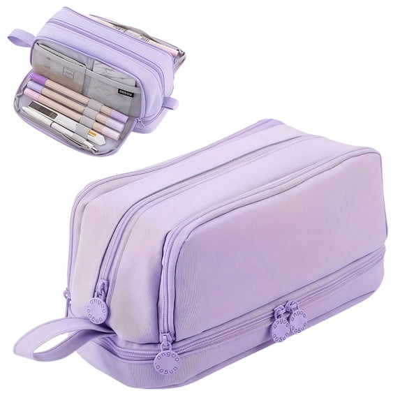 Pencil Pouch, 3 Compartments Zippered Compartments Waterproof Pencil Case, Large Capacity Clear Bag for Pens Markers Tape Journal Supplies Badges(Purple)
