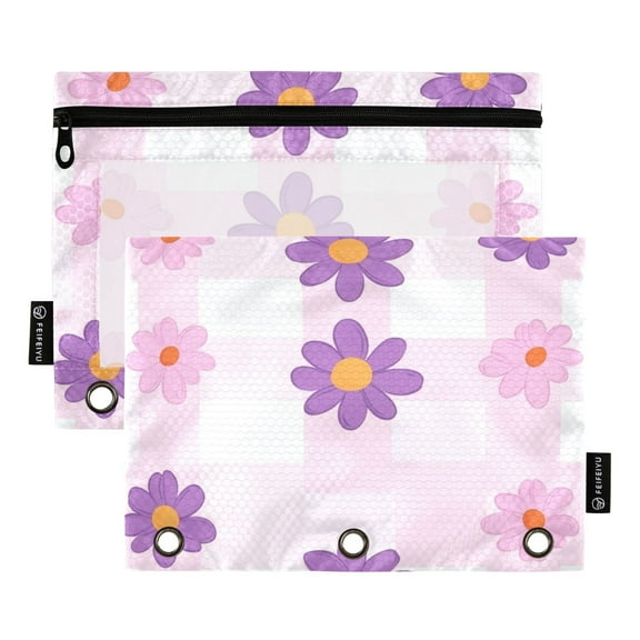 Pencil Pouch for 3 Ring Binder, Binder Pencil Case with Smooth Zipper, Clear Window Pencil Case for Binder, Big Capacity 3 Ring Binder Pencil Bag with 3 Reinforced Grommets. Pink Plaid Purple Daisy