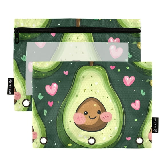 Pencil Pouch for 3 Ring Binder, Binder Pencil Case with Smooth Zipper, Clear Window Pencil Case for Binder, Big Capacity 3 Ring Binder Pencil Bag with 3 Reinforced Grommets. Avocado Cartoon Pattern